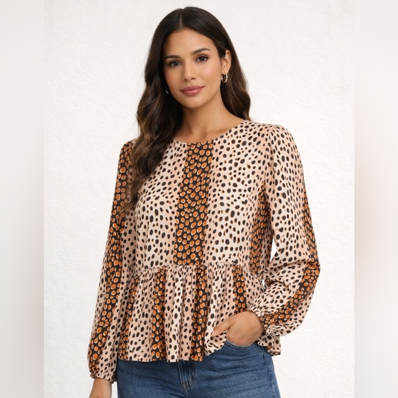 ANDREE BY UNIT Tops - ANDREE BY UNIT - Beige and Orange Printed Peplum Blouse